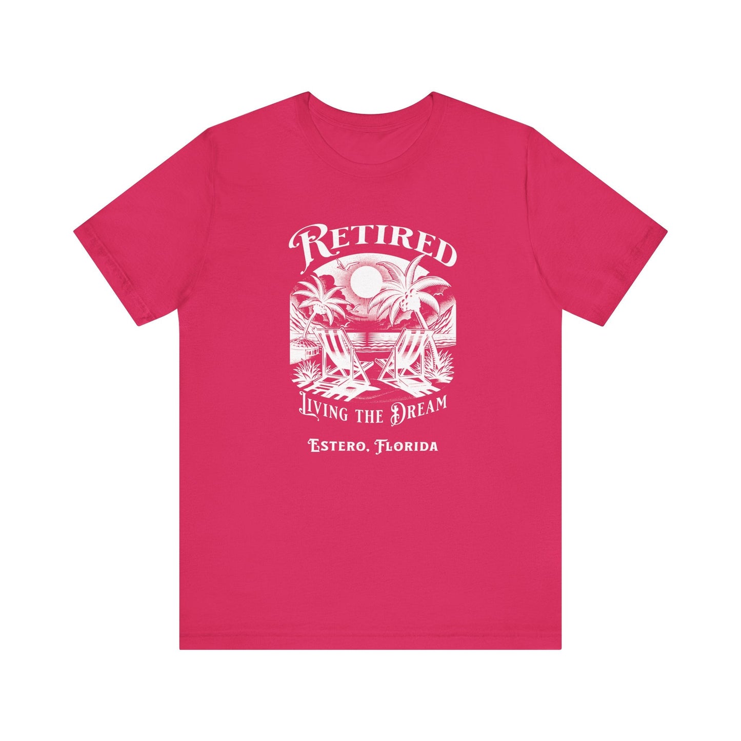 PERSONALIZED! Retired Living the Dream Unisex T-Shirt, Beach Scene, Palm Trees Printify T-Shirt Nordic Seoul Designs LLC