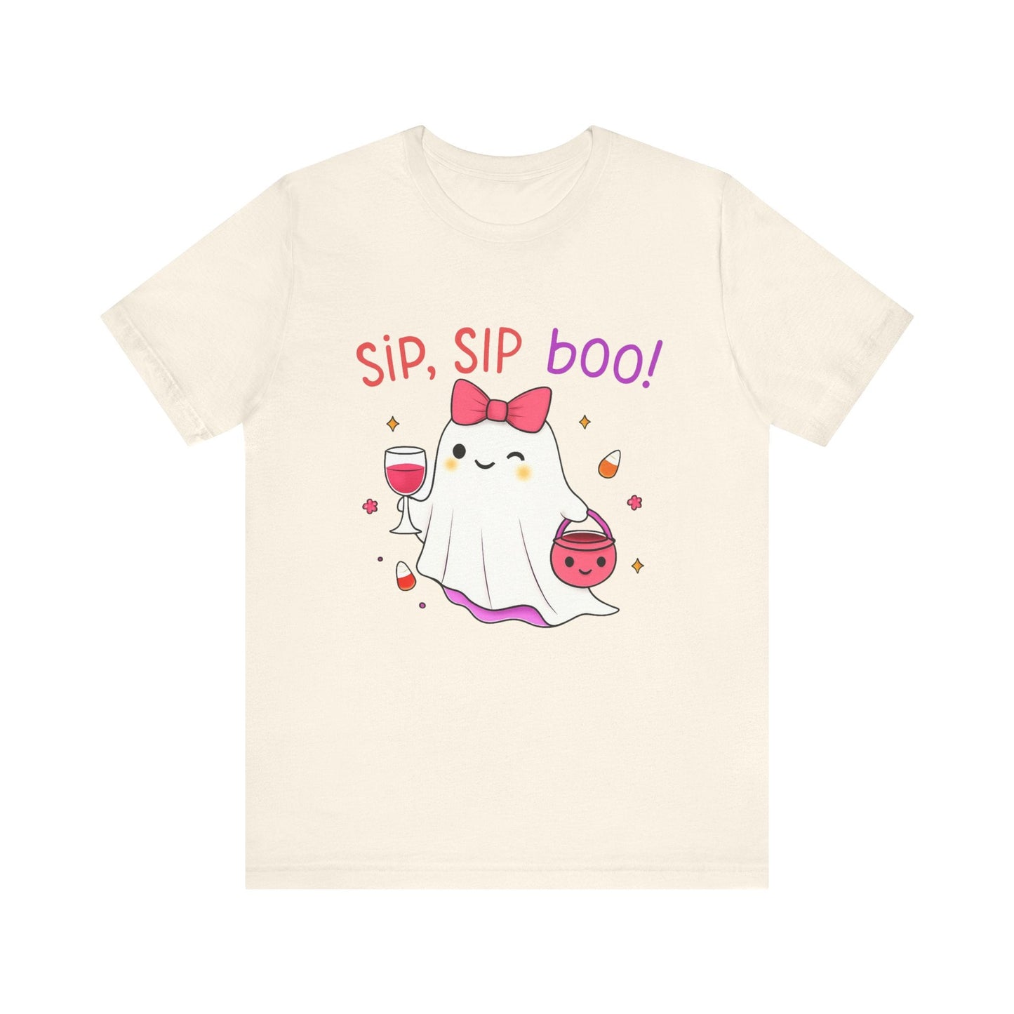 Halloween Cute Ghost T-Shirt with drink- Coquette bow, Sip Sip Boo Printify T-Shirt Nordic Seoul Designs LLC