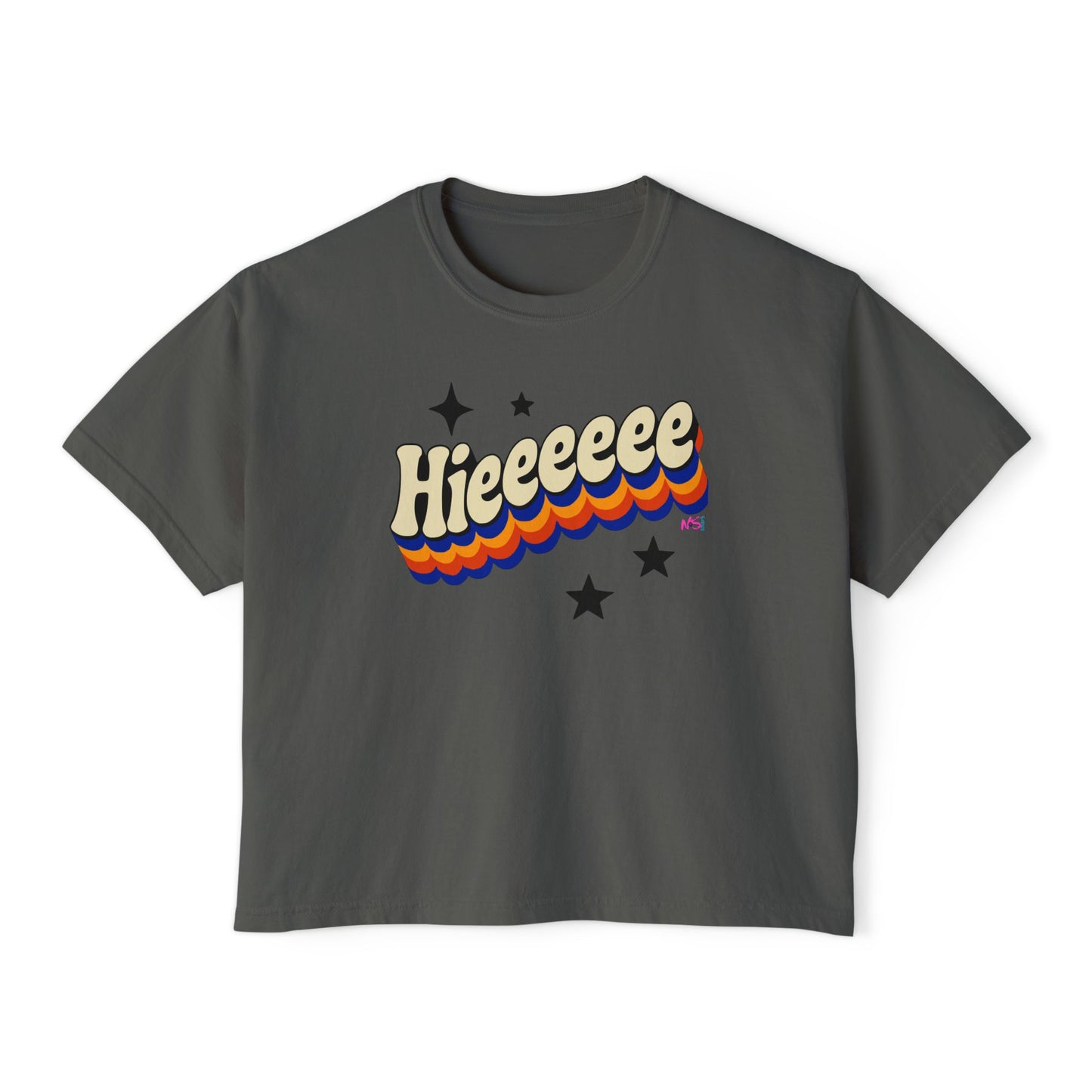 Retro Graphic Women's Boxy Short T- Shirt- Hieeeee, Funny, Trendy Tee