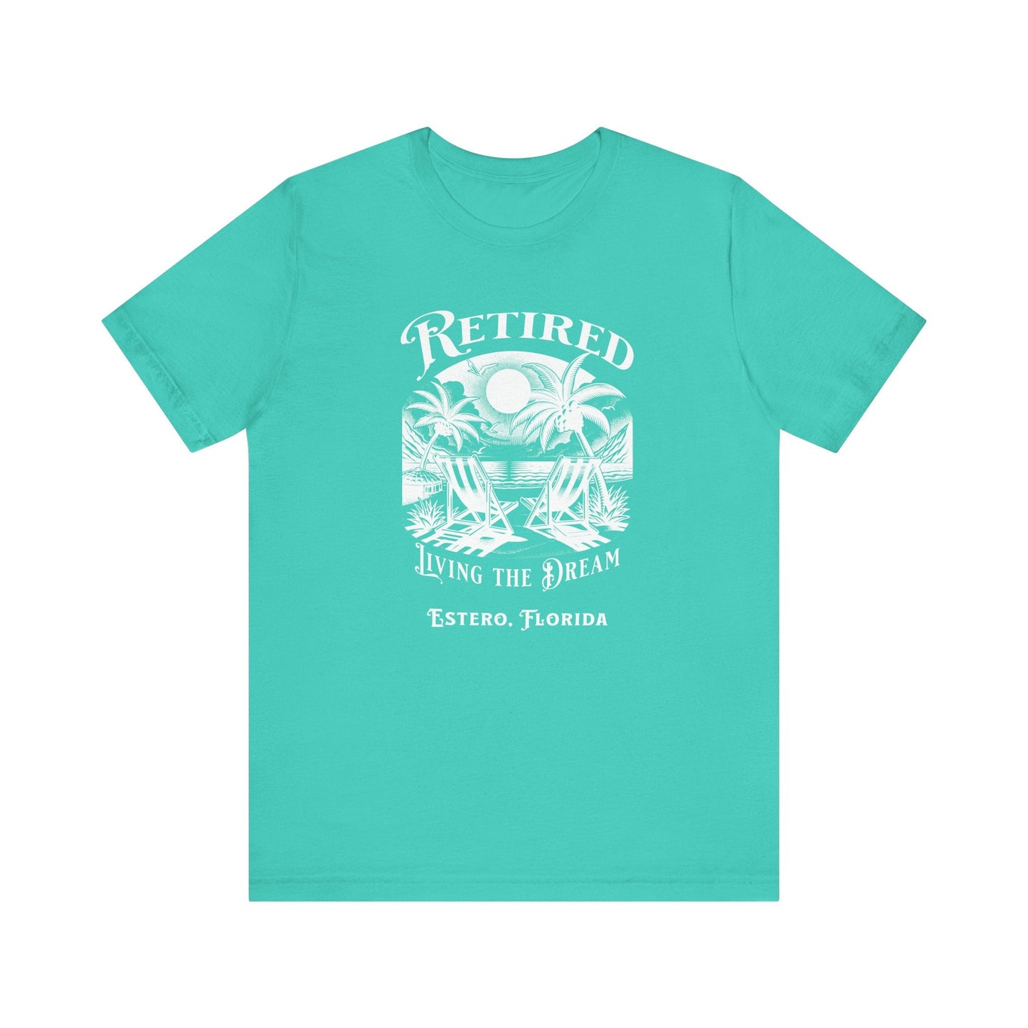PERSONALIZED! Retired Living the Dream Unisex T-Shirt, Beach Scene, Palm Trees Printify T-Shirt Nordic Seoul Designs LLC