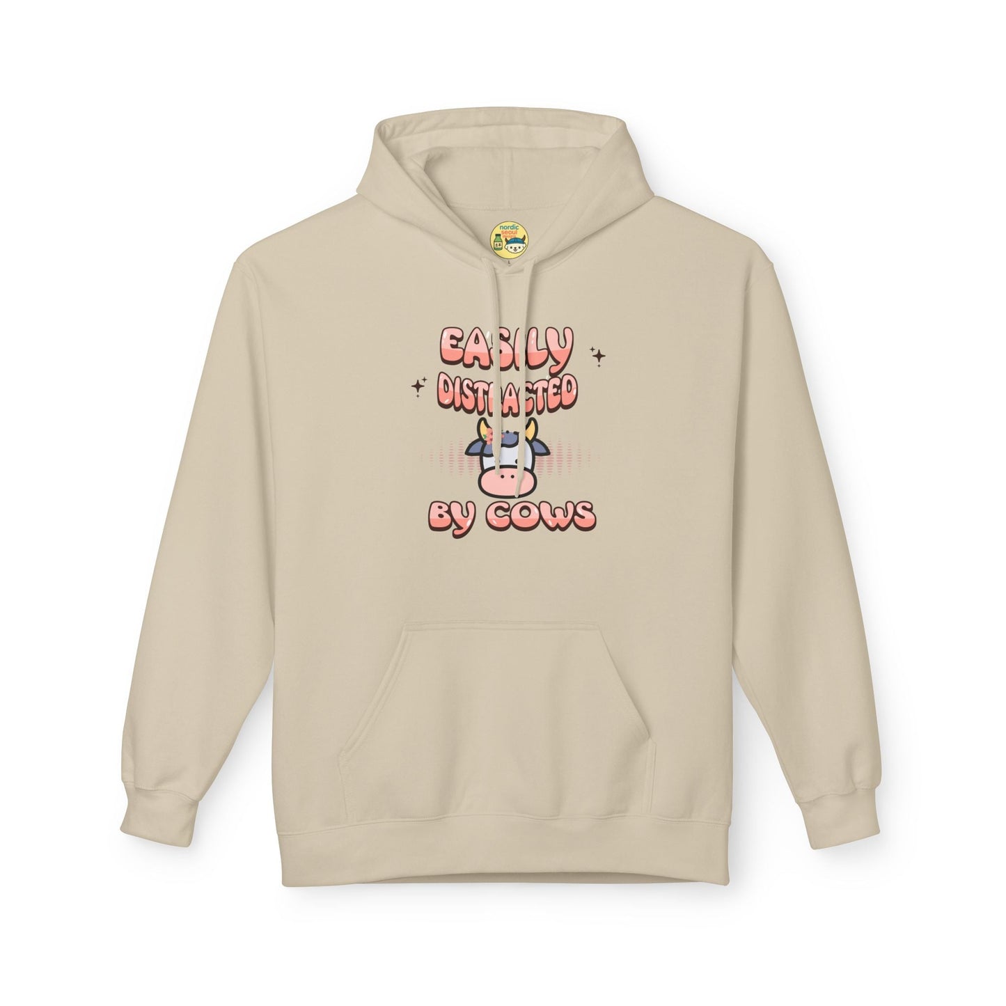 Easily Distracted by Cows Hoodie – Funny Farm Graphic Sweatshirt, Cow Lover Unisex Pullover Printify Hoodie Nordic Seoul Designs LLC