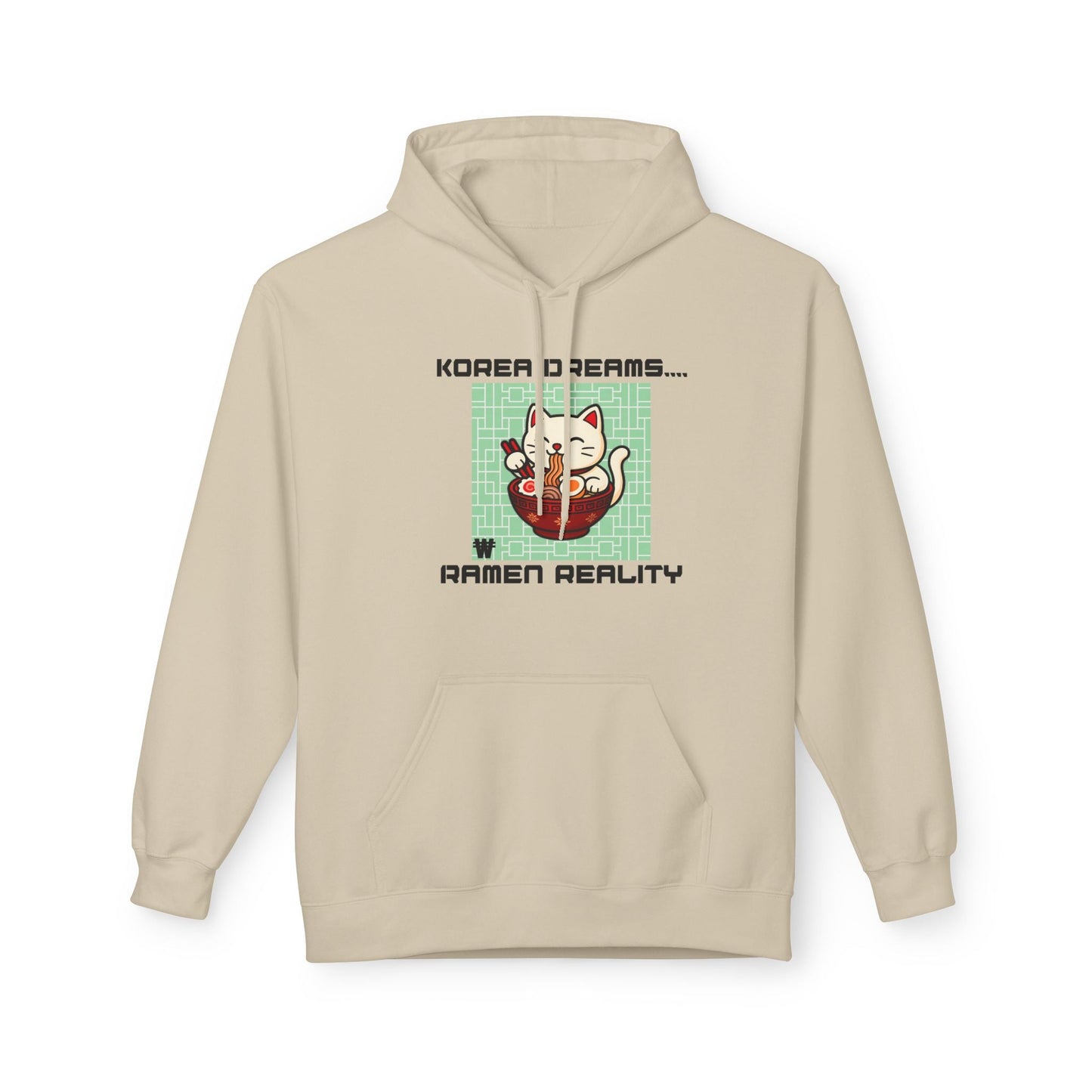 Korea Dreams Ramen Reality Hoodie | Lucky Fortune Cat Graphic Unisex Pullover Printify Hoodie Nordic Seoul Designs LLC