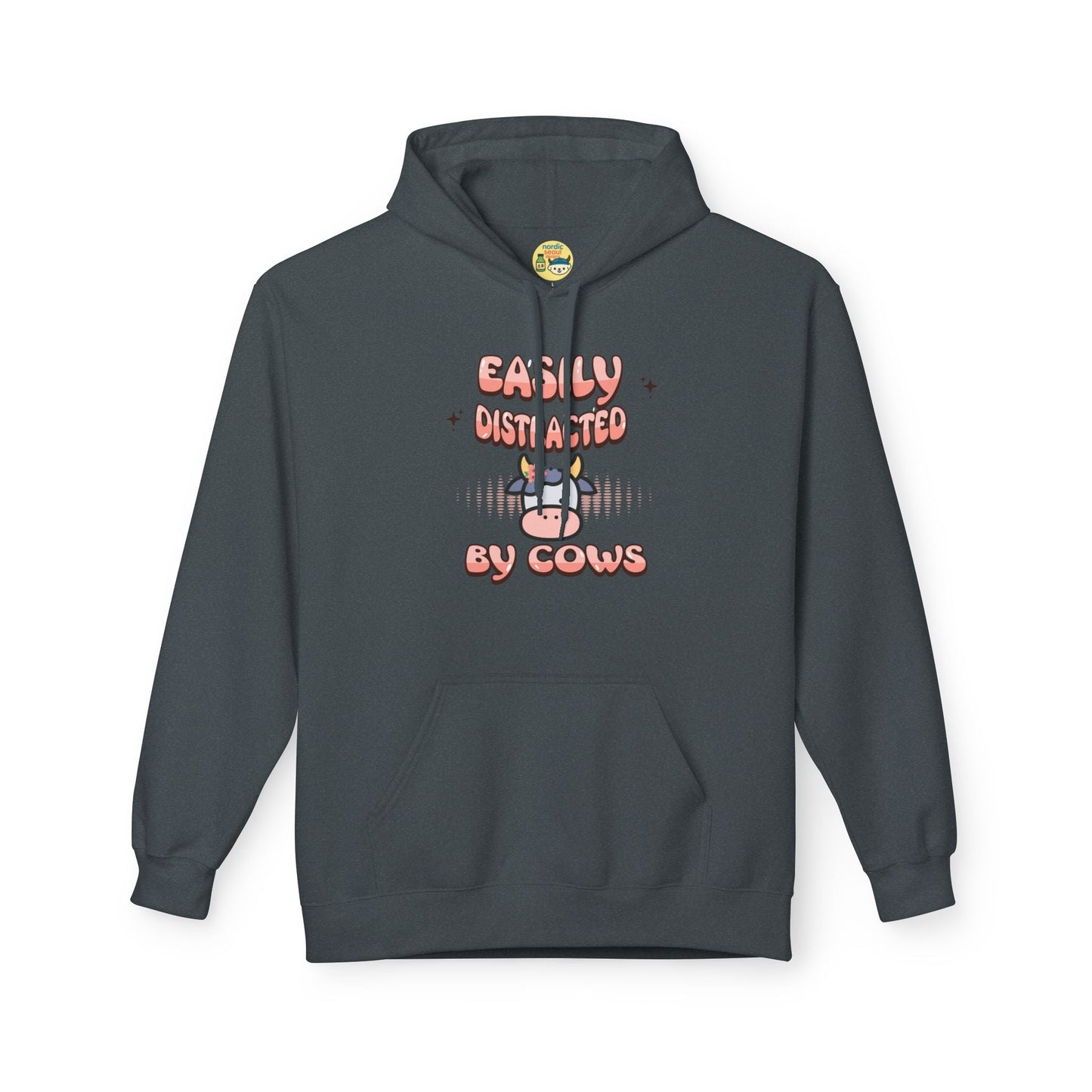 Easily Distracted by Cows Hoodie – Funny Farm Graphic Sweatshirt, Cow Lover Unisex Pullover Printify Hoodie Nordic Seoul Designs LLC