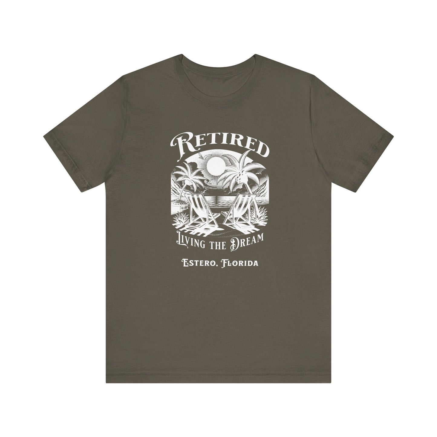 PERSONALIZED! Retired Living the Dream Unisex T-Shirt, Beach Scene, Palm Trees Printify T-Shirt Nordic Seoul Designs LLC