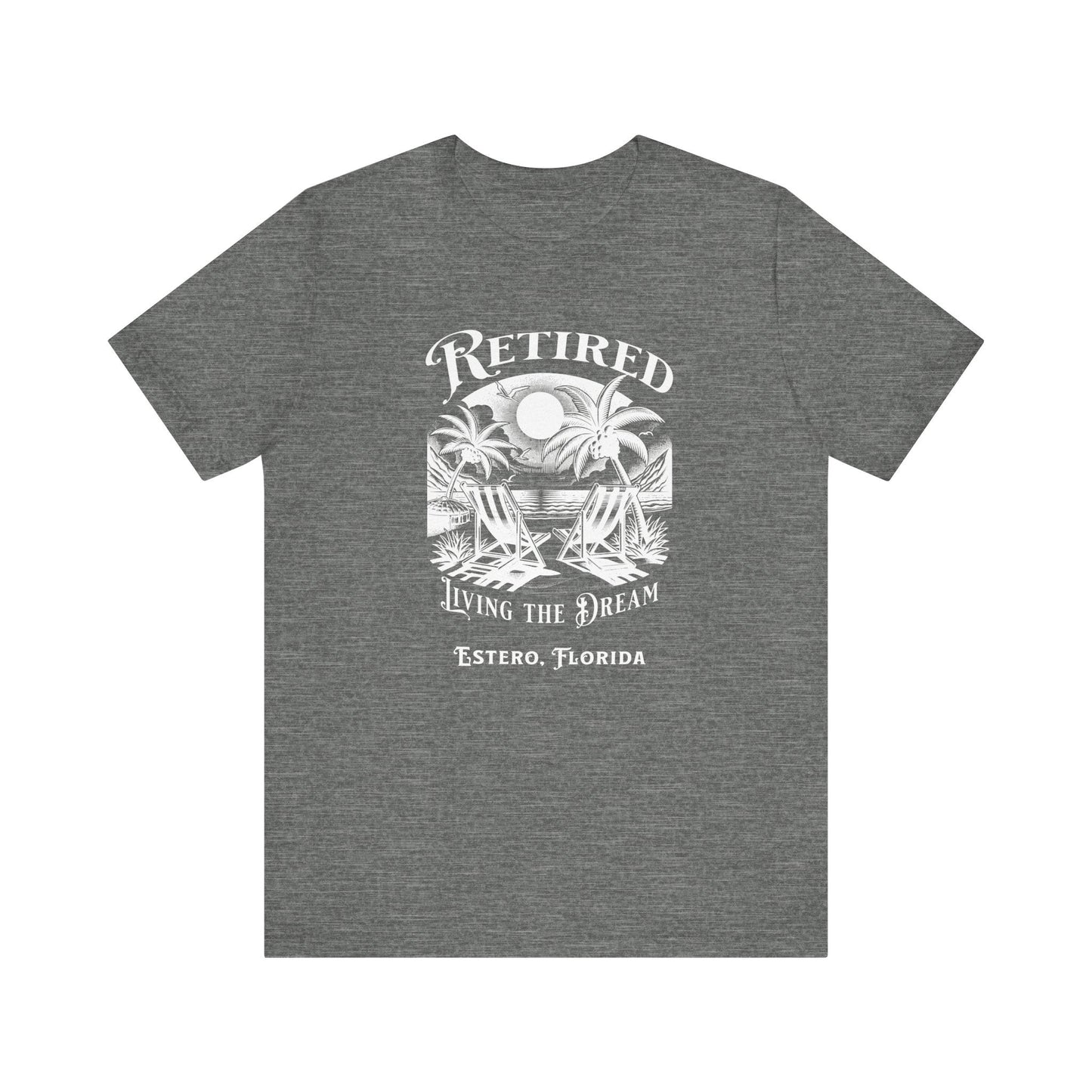 PERSONALIZED! Retired Living the Dream Unisex T-Shirt, Beach Scene, Palm Trees Printify T-Shirt Nordic Seoul Designs LLC