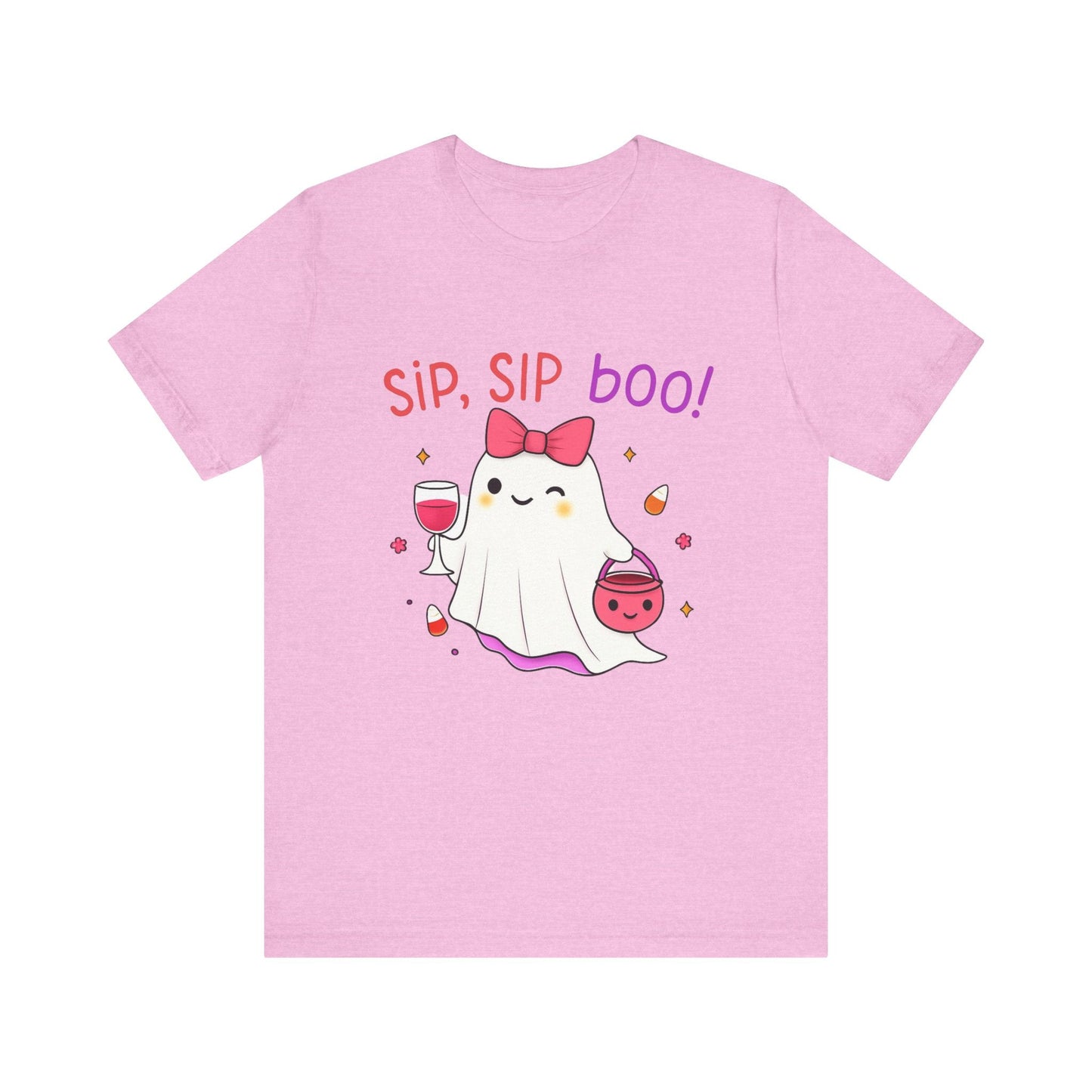 Halloween Cute Ghost T-Shirt with drink- Coquette bow, Sip Sip Boo Printify T-Shirt Nordic Seoul Designs LLC