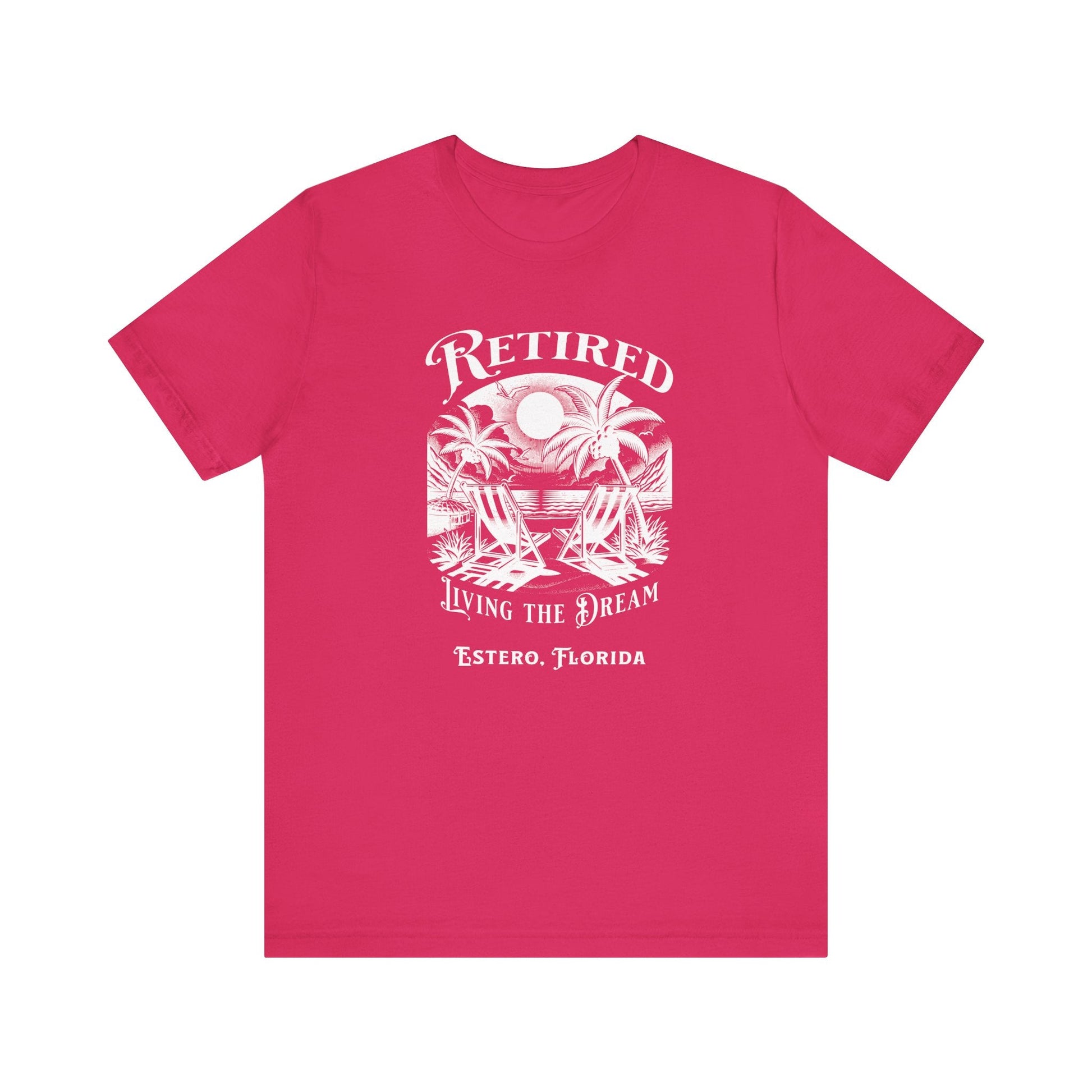 PERSONALIZED! Retired Living the Dream Unisex T-Shirt, Beach Scene, Palm Trees Printify T-Shirt Nordic Seoul Designs LLC