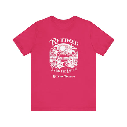 PERSONALIZED! Retired Living the Dream Unisex T-Shirt, Beach Scene, Palm Trees Printify T-Shirt Nordic Seoul Designs LLC