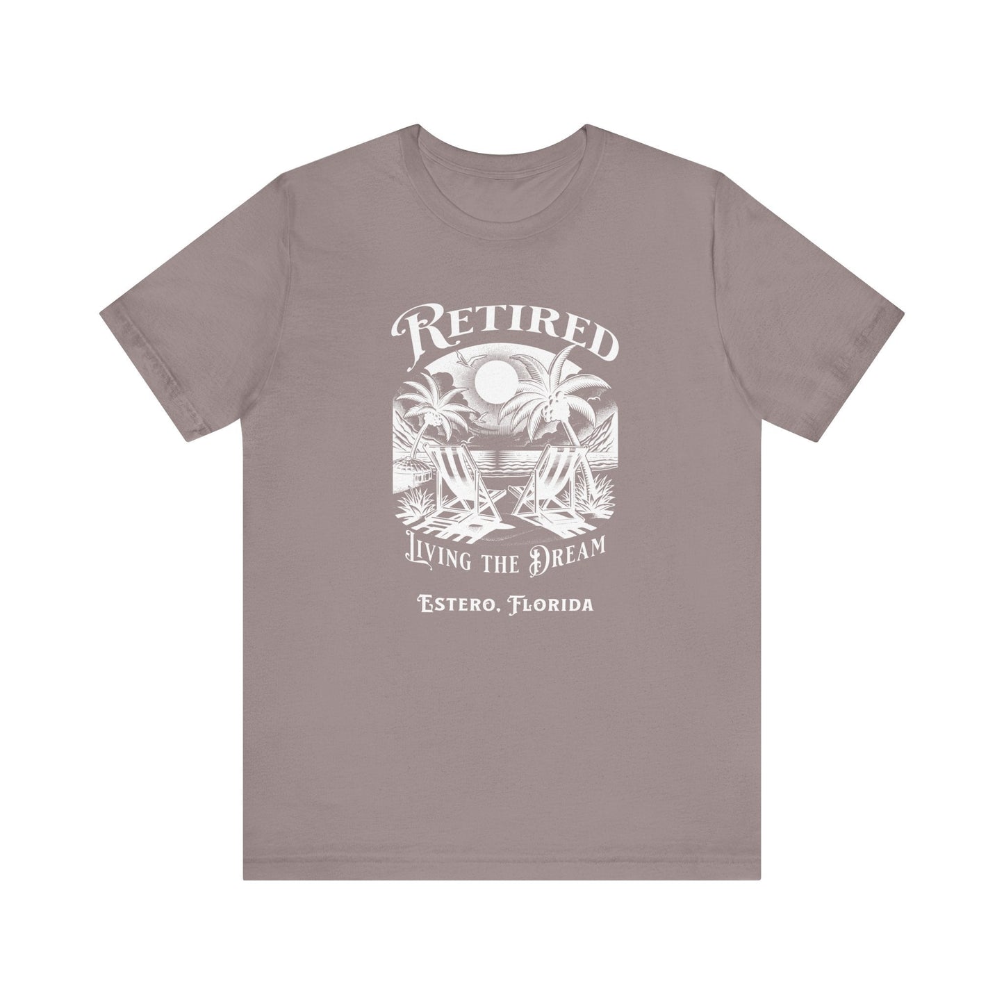 PERSONALIZED! Retired Living the Dream Unisex T-Shirt, Beach Scene, Palm Trees Printify T-Shirt Nordic Seoul Designs LLC