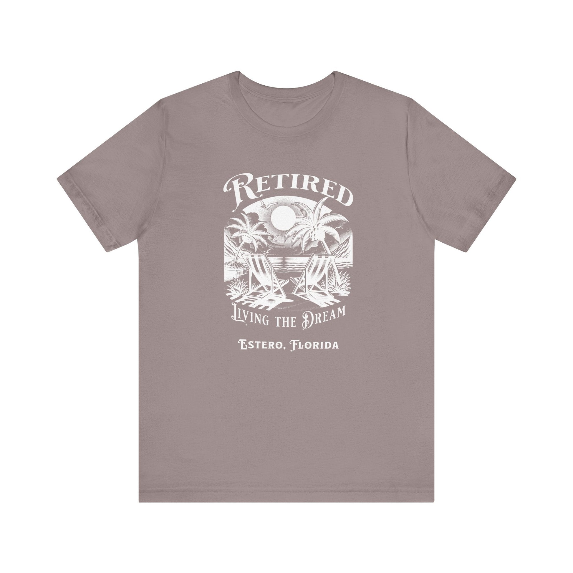 PERSONALIZED! Retired Living the Dream Unisex T-Shirt, Beach Scene, Palm Trees Printify T-Shirt Nordic Seoul Designs LLC