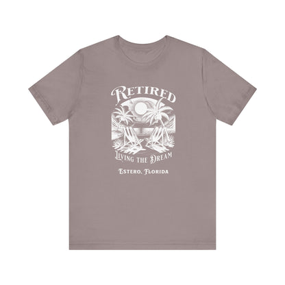 PERSONALIZED! Retired Living the Dream Unisex T-Shirt, Beach Scene, Palm Trees Printify T-Shirt Nordic Seoul Designs LLC
