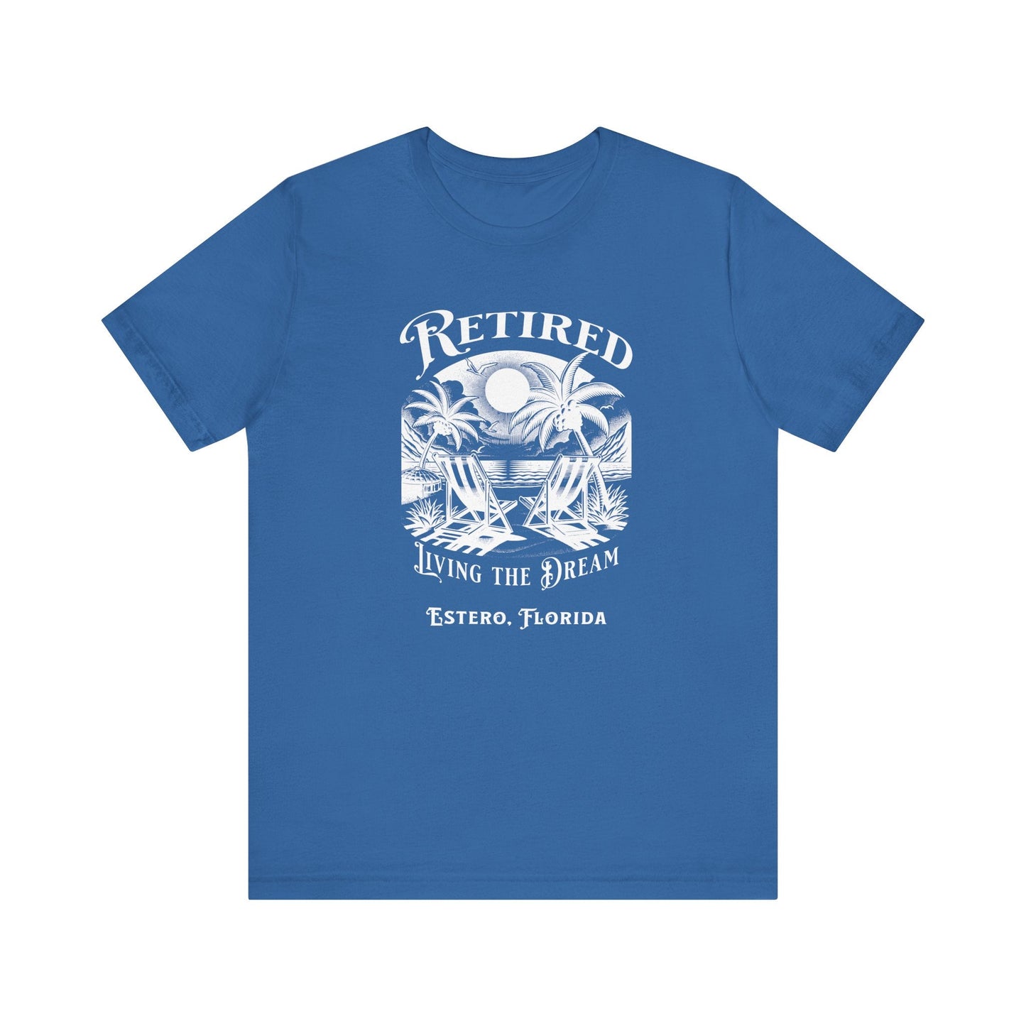 PERSONALIZED! Retired Living the Dream Unisex T-Shirt, Beach Scene, Palm Trees Printify T-Shirt Nordic Seoul Designs LLC