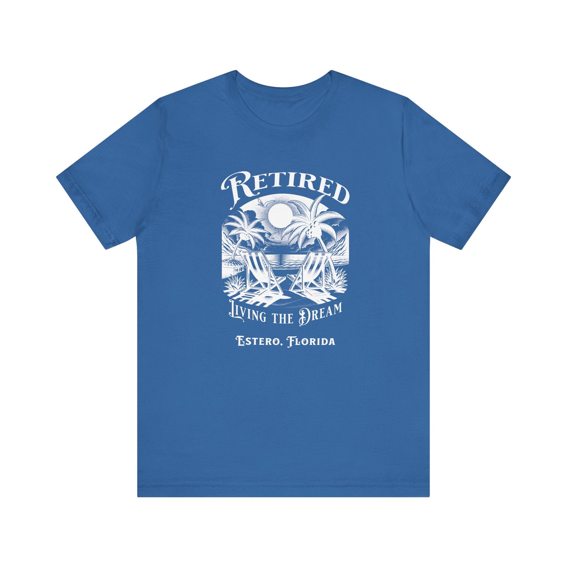 PERSONALIZED! Retired Living the Dream Unisex T-Shirt, Beach Scene, Palm Trees Printify T-Shirt Nordic Seoul Designs LLC
