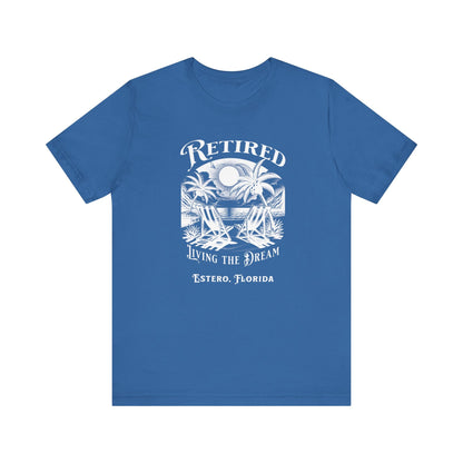 PERSONALIZED! Retired Living the Dream Unisex T-Shirt, Beach Scene, Palm Trees Printify T-Shirt Nordic Seoul Designs LLC