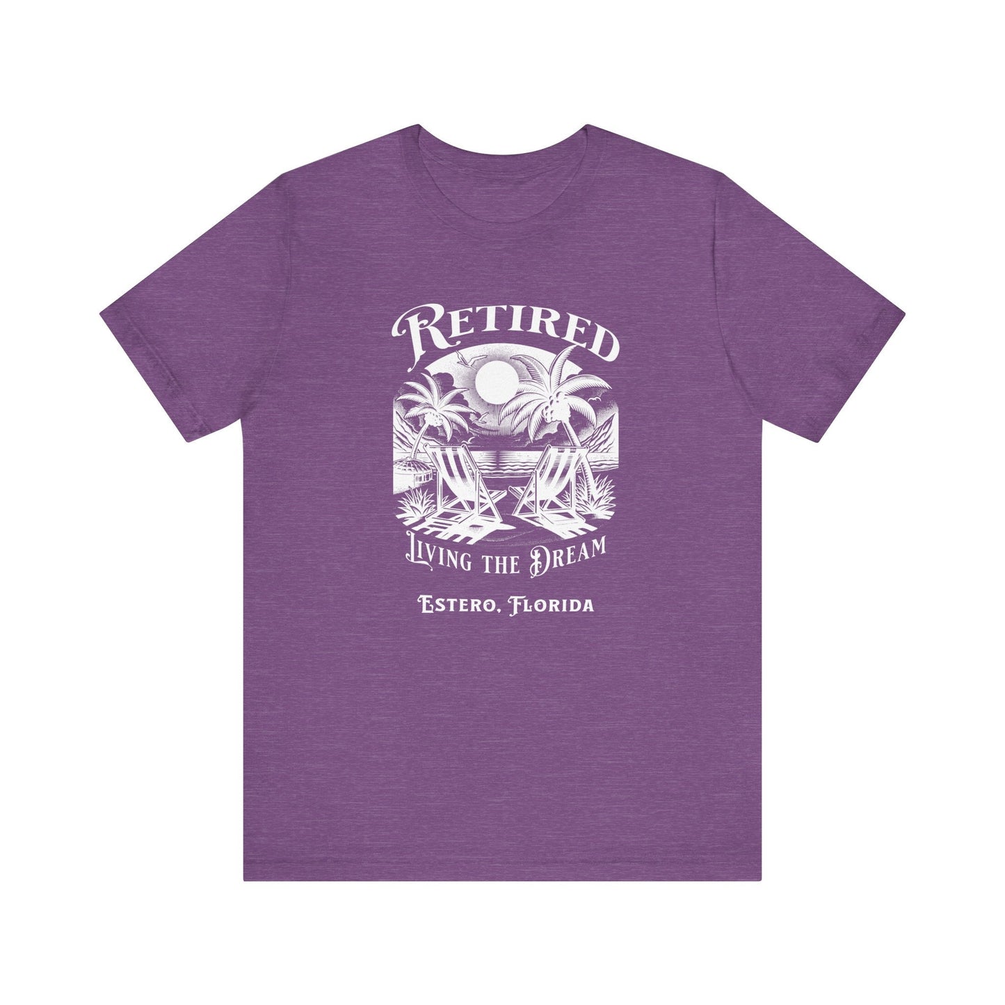 PERSONALIZED! Retired Living the Dream Unisex T-Shirt, Beach Scene, Palm Trees Printify T-Shirt Nordic Seoul Designs LLC