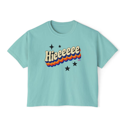 Retro Graphic Women's Boxy Short T- Shirt- Hieeeee, Funny, Trendy Tee