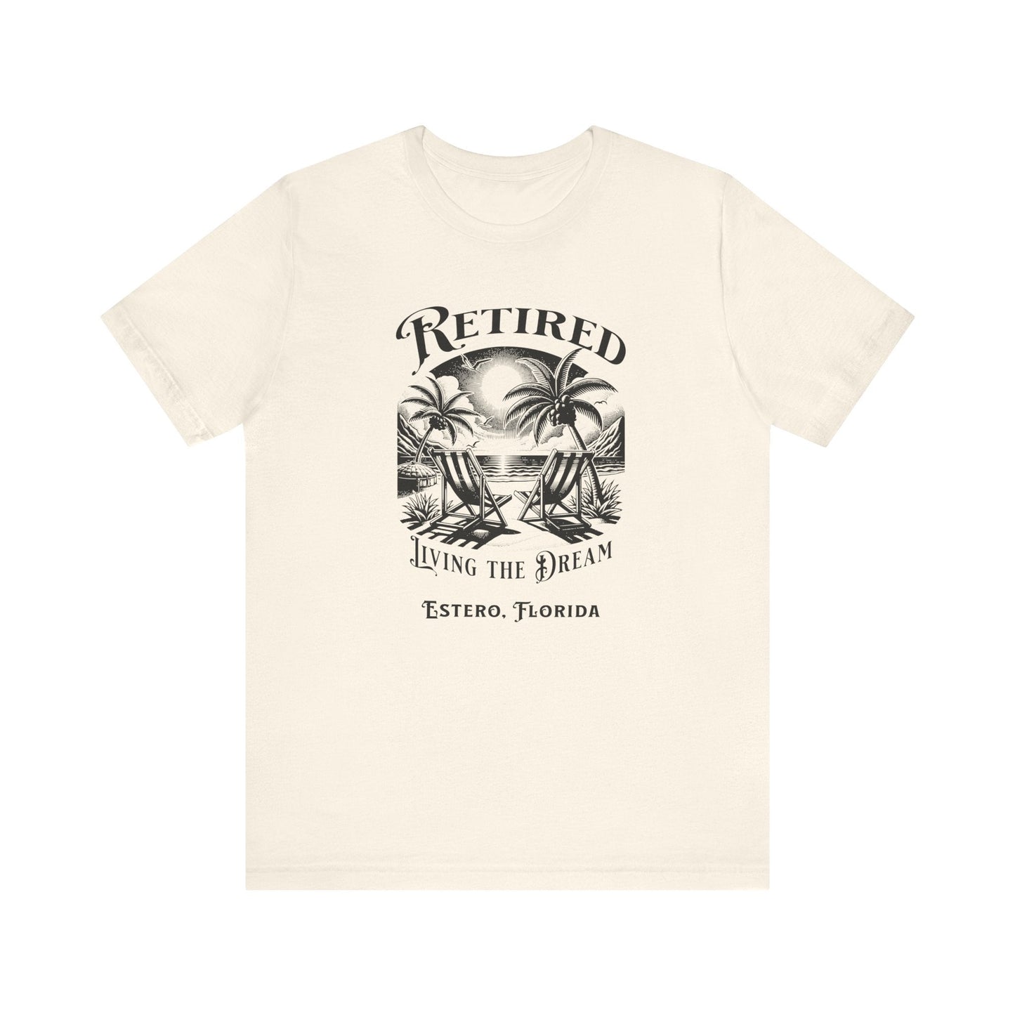 PERSONALIZED! Retired Living the Dream Unisex T-Shirt, Beach Scene, Palm Trees Printify T-Shirt Nordic Seoul Designs LLC