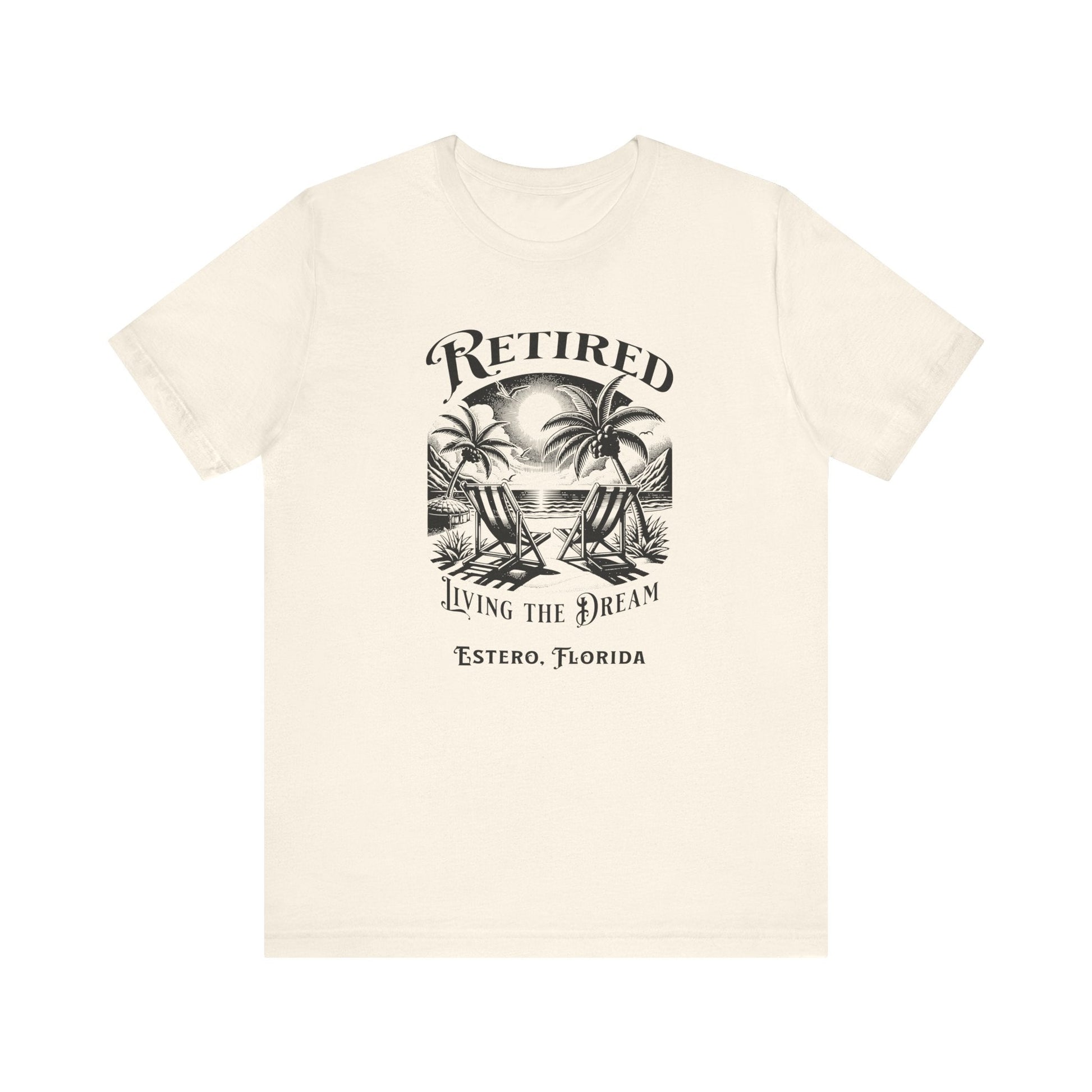 PERSONALIZED! Retired Living the Dream Unisex T-Shirt, Beach Scene, Palm Trees Printify T-Shirt Nordic Seoul Designs LLC