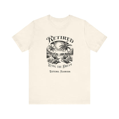 PERSONALIZED! Retired Living the Dream Unisex T-Shirt, Beach Scene, Palm Trees Printify T-Shirt Nordic Seoul Designs LLC