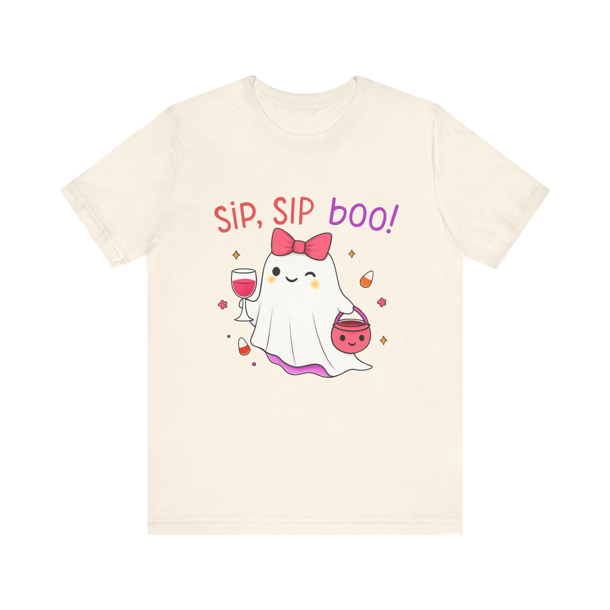 Halloween Cute Ghost T-Shirt with drink- Coquette bow, Sip Sip Boo Printify T-Shirt Nordic Seoul Designs LLC
