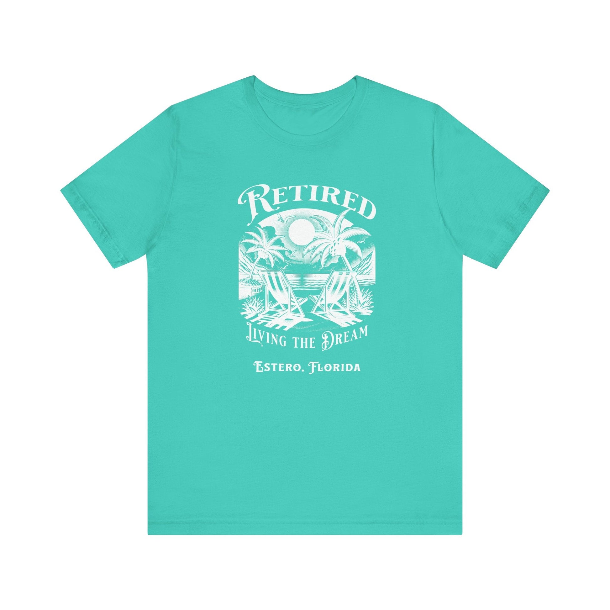 PERSONALIZED! Retired Living the Dream Unisex T-Shirt, Beach Scene, Palm Trees Printify T-Shirt Nordic Seoul Designs LLC