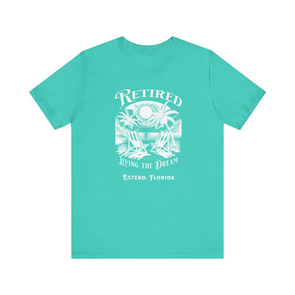 PERSONALIZED! Retired Living the Dream Unisex T-Shirt, Beach Scene, Palm Trees Printify T-Shirt Nordic Seoul Designs LLC