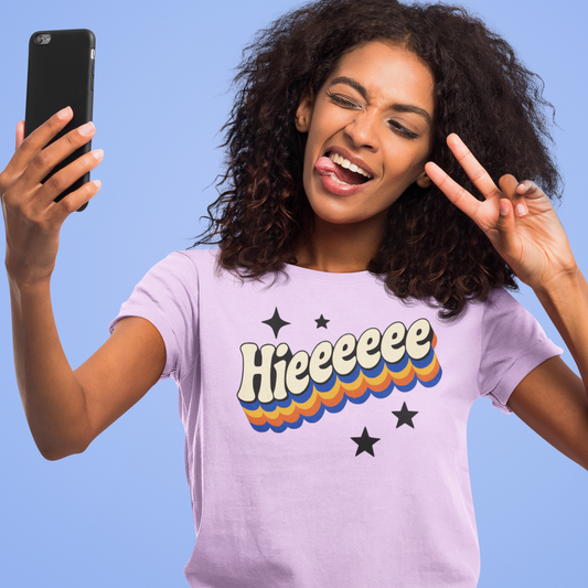 Retro Graphic Hieeeeee T-Shirt- Fun Unisex Jersey Short Sleeve T-Shirt for Everyday Style, Unique Gift Idea, Summer Fashion, Friends gift, Funny Printify T-Shirt Nordic Seoul Designs LLC Nordic Seoul Designs LLC