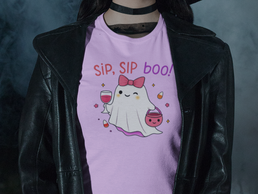 Halloween Cute Ghost T-Shirt with drink- Coquette bow, Sip Sip Boo Printify T-Shirt Nordic Seoul Designs LLC Nordic Seoul Designs LLC