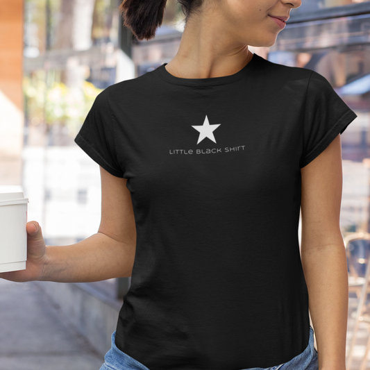 Classic Fit Little Black T-shirt, Star Graphic Women's Tee-Large is 30 inches long Printify T-Shirt Nordic Seoul Designs LLC