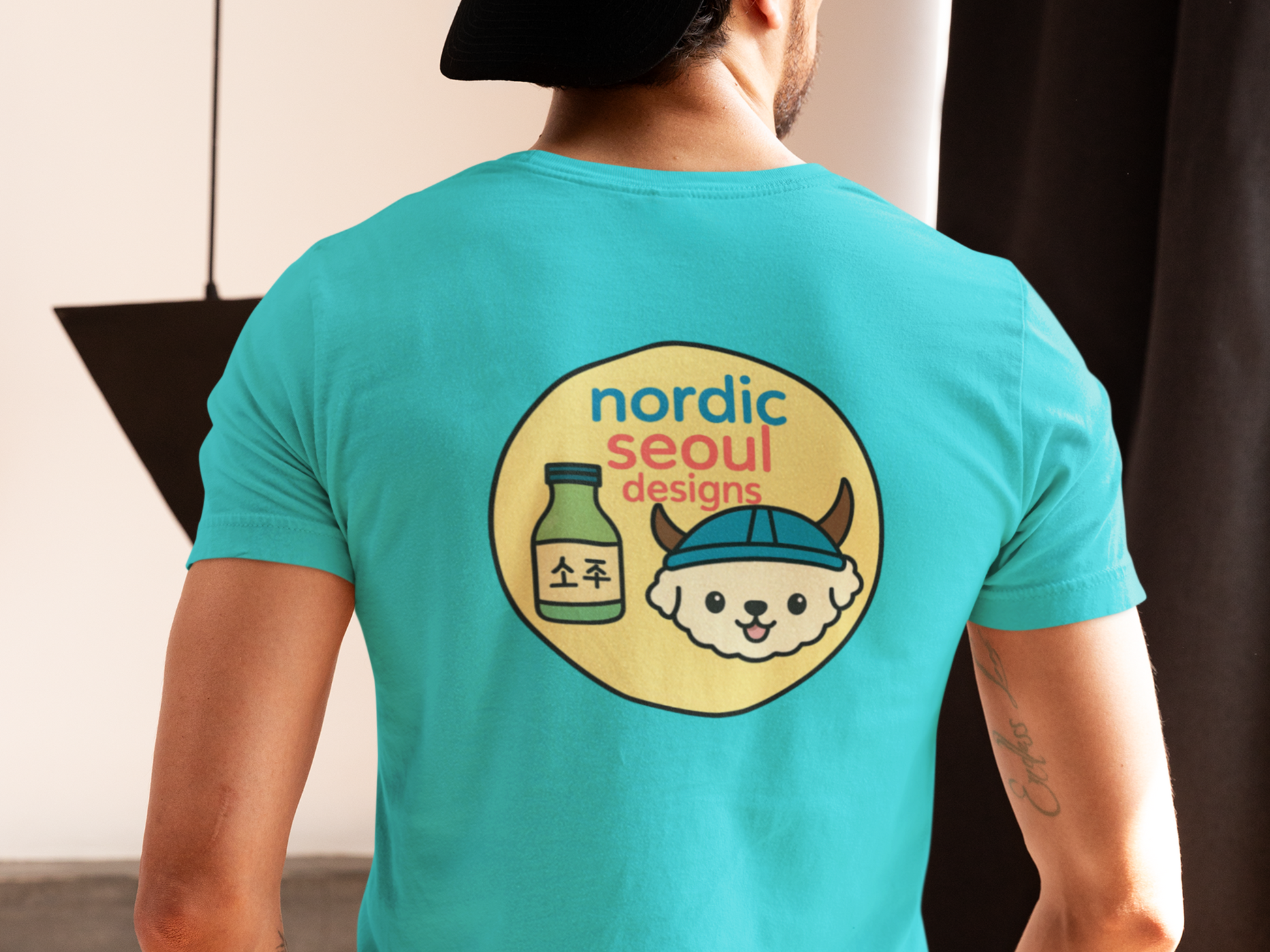 Short Sleeve Signature Logo T-Shirt-Nordic Seoul Designs, Featuring Soju Bottle and Viking Puppy Printify T-Shirt Nordic Seoul Designs LLC