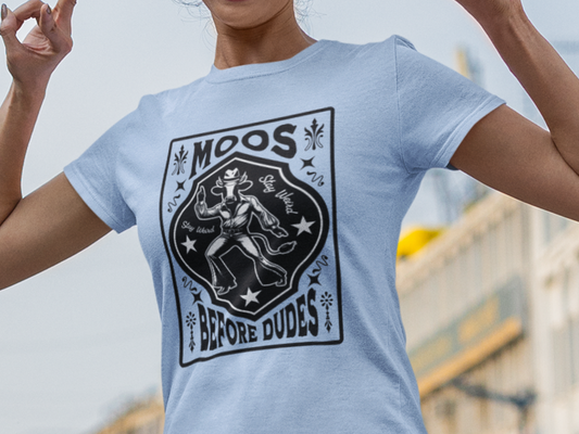 Moos Before Dudes T-Shirt – Funny Cow Graphic Tee, Farm Life Unisex Shirt Printify T-Shirt Nordic Seoul Designs LLC