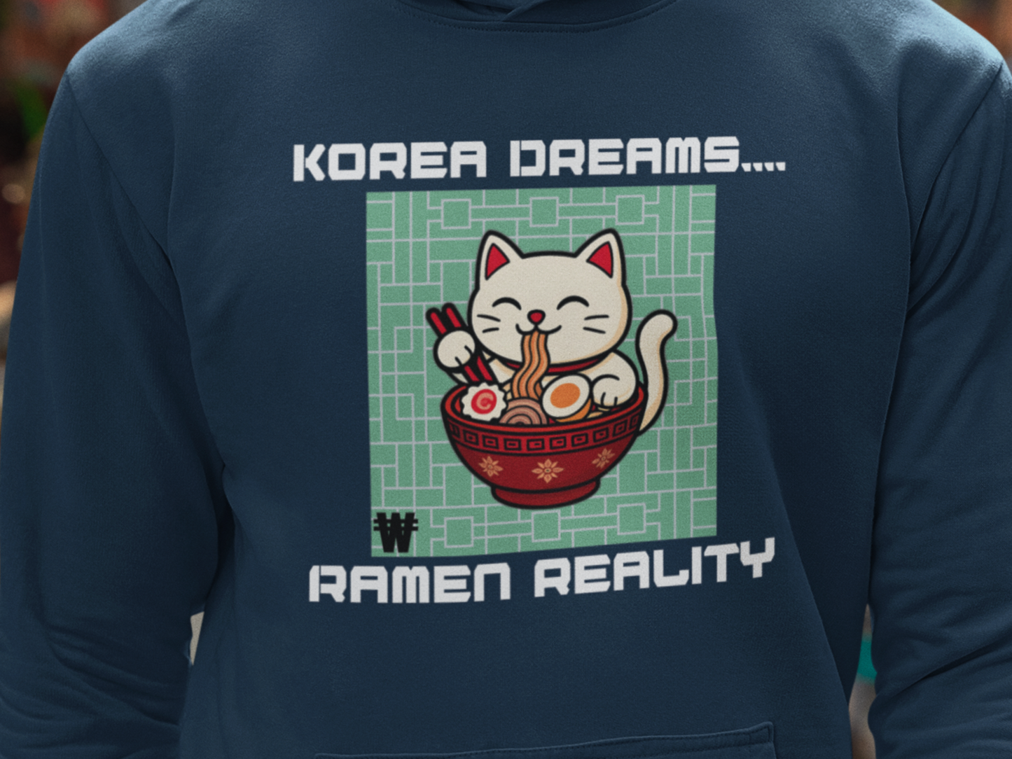 Korea Dreams Ramen Reality Hoodie | Lucky Fortune Cat Graphic Unisex Pullover Printify Hoodie Nordic Seoul Designs LLC