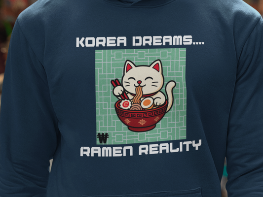Korea Dreams Ramen Reality Hoodie | Lucky Fortune Cat Graphic Unisex Pullover Printify Hoodie Nordic Seoul Designs LLC