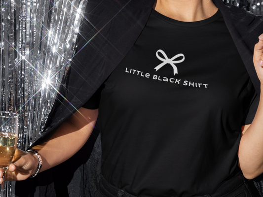 Modern Fit Women's Little Black T-Shirt with Cute Bow Design-Large is 27 inches long Printify T-Shirt Nordic Seoul Designs LLC