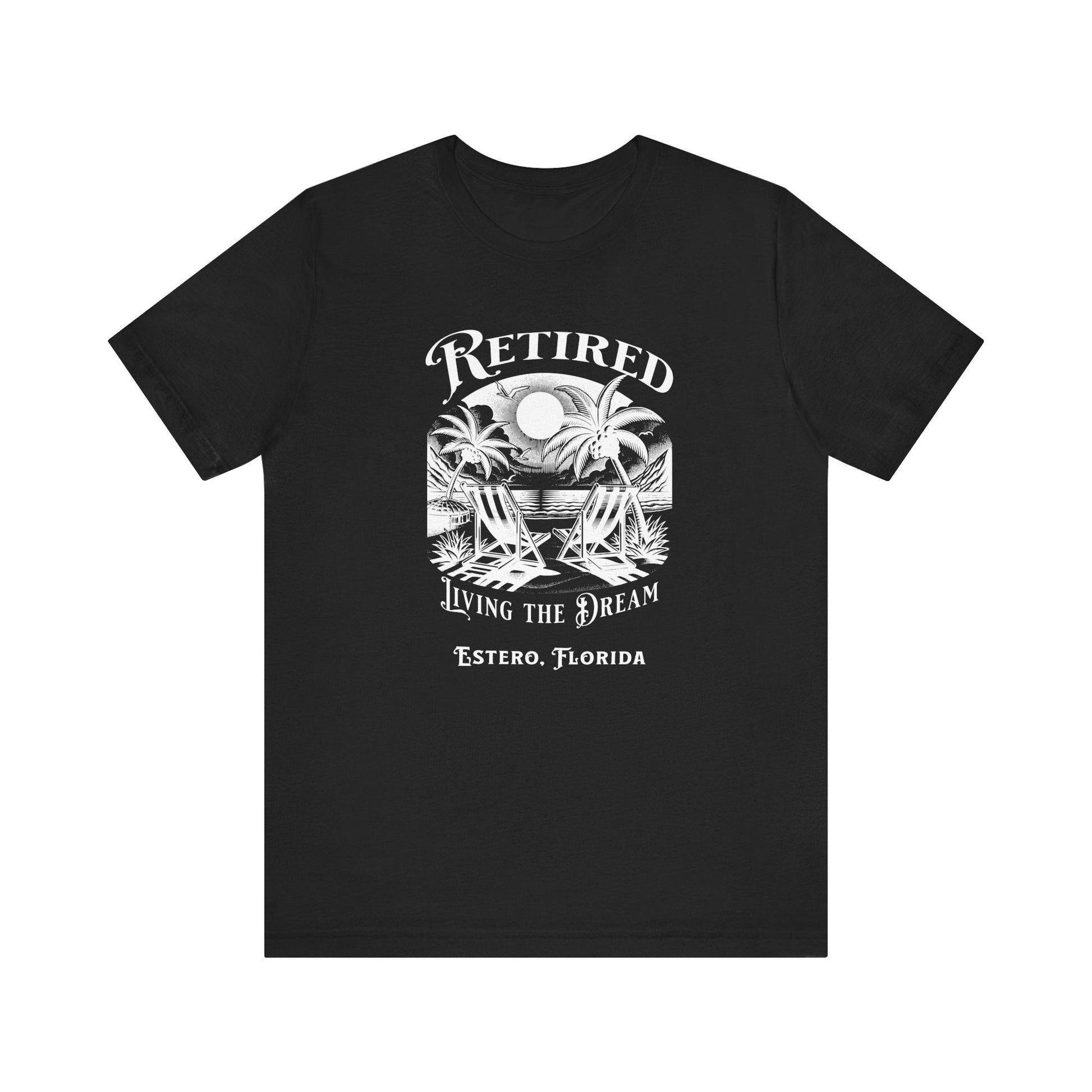 PERSONALIZED! Retired Living the Dream Unisex T-Shirt, Beach Scene, Palm Trees Printify T-Shirt Nordic Seoul Designs LLC
