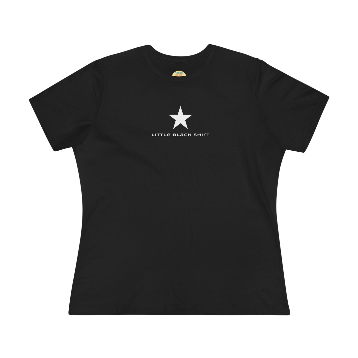 Modern Fit Little Black T-shirt, Star Graphic Women's Tee-Large is 30 inches long Printify T-Shirt Nordic Seoul Designs LLC