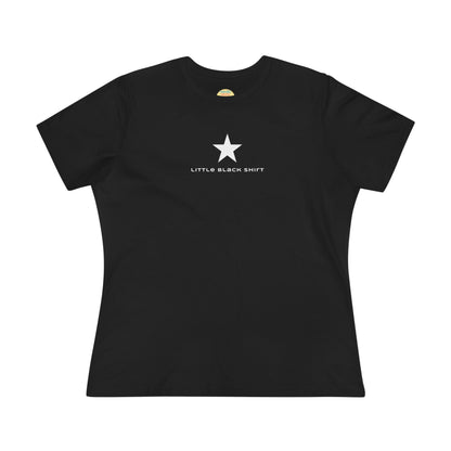 Modern Fit Little Black T-shirt, Star Graphic Women's Tee-Large is 30 inches long Printify T-Shirt Nordic Seoul Designs LLC
