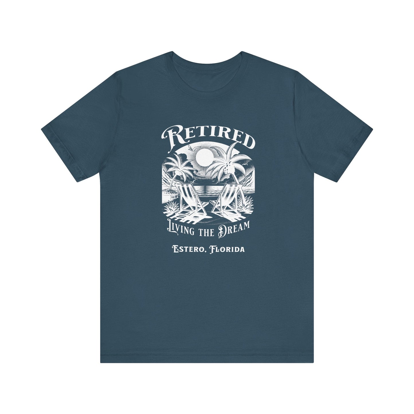 PERSONALIZED! Retired Living the Dream Unisex T-Shirt, Beach Scene, Palm Trees Printify T-Shirt Nordic Seoul Designs LLC