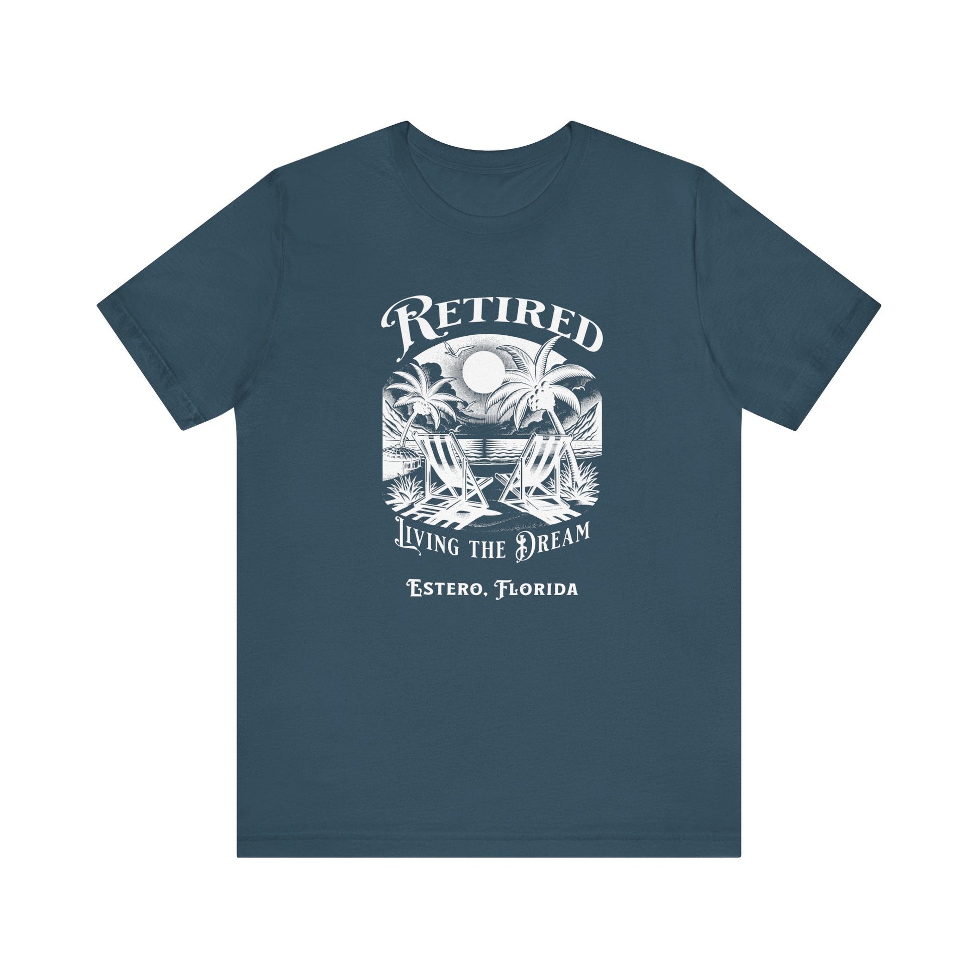 PERSONALIZED! Retired Living the Dream Unisex T-Shirt, Beach Scene, Palm Trees Printify T-Shirt Nordic Seoul Designs LLC