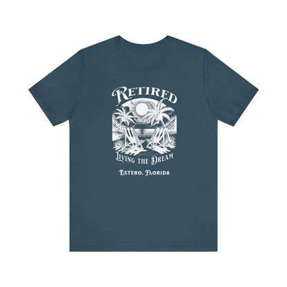 PERSONALIZED! Retired Living the Dream Unisex T-Shirt, Beach Scene, Palm Trees Printify T-Shirt Nordic Seoul Designs LLC