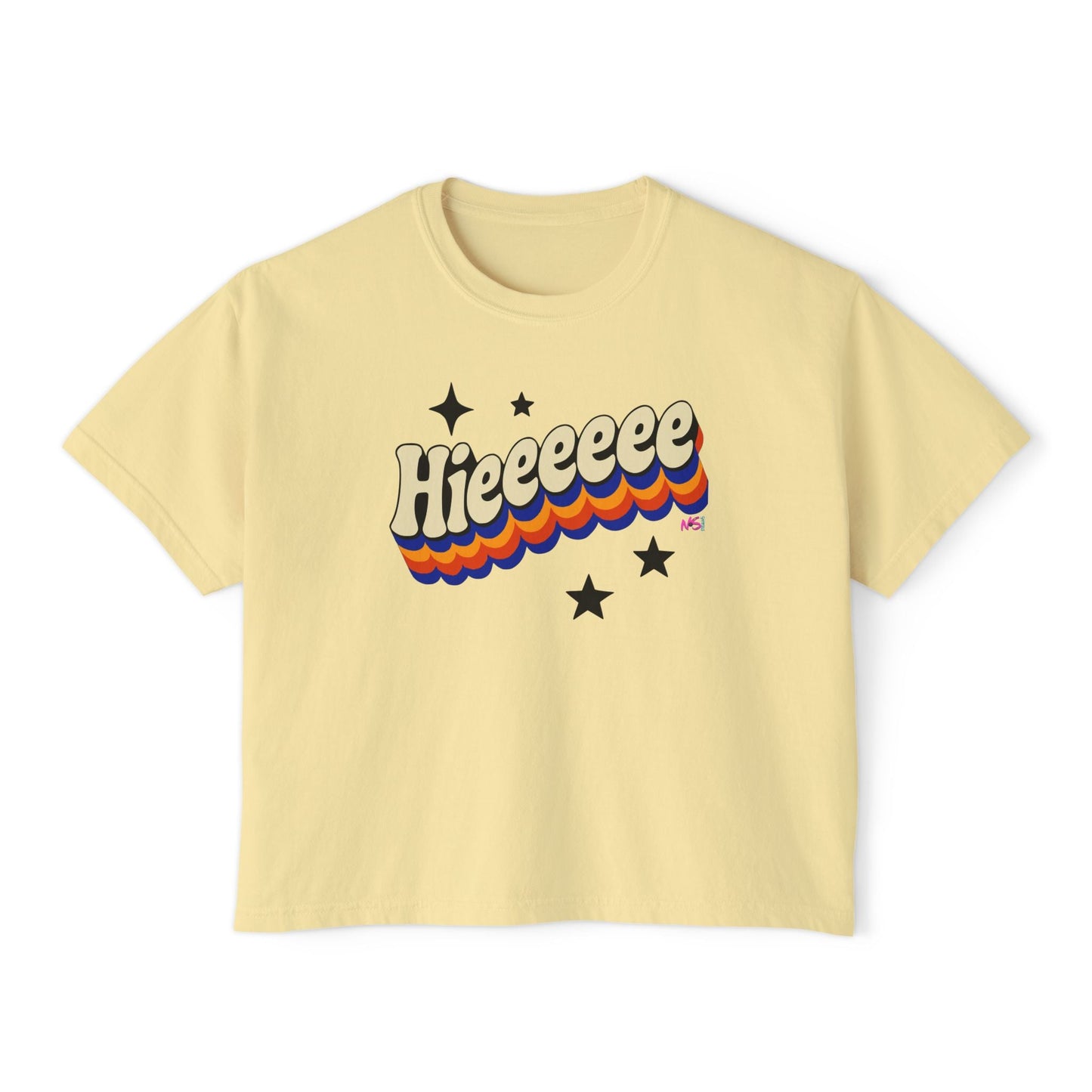 Retro Graphic Women's Boxy Short T- Shirt- Hieeeee, Funny, Trendy Tee Printify T-Shirt Nordic Seoul Designs LLC