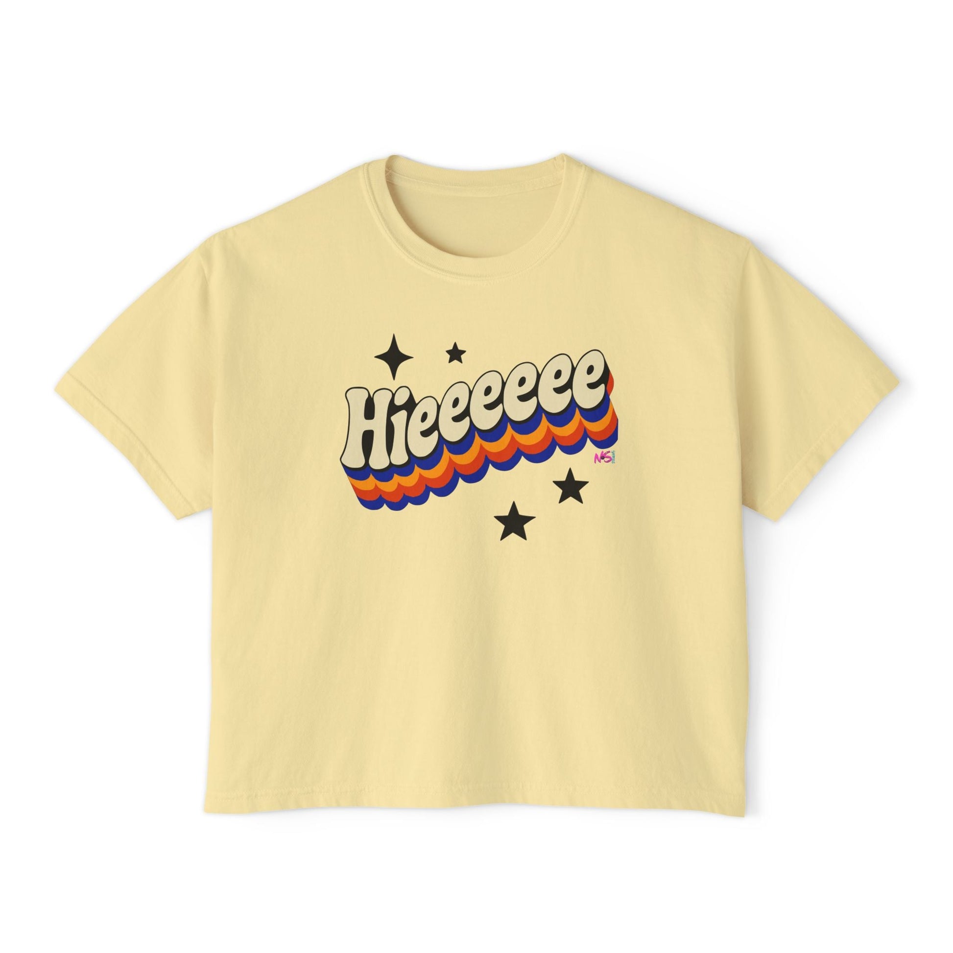 Retro Graphic Women's Boxy Short T- Shirt- Hieeeee, Funny, Trendy Tee Printify T-Shirt Nordic Seoul Designs LLC