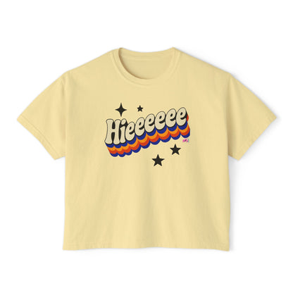 Retro Graphic Women's Boxy Short T- Shirt- Hieeeee, Funny, Trendy Tee Printify T-Shirt Nordic Seoul Designs LLC