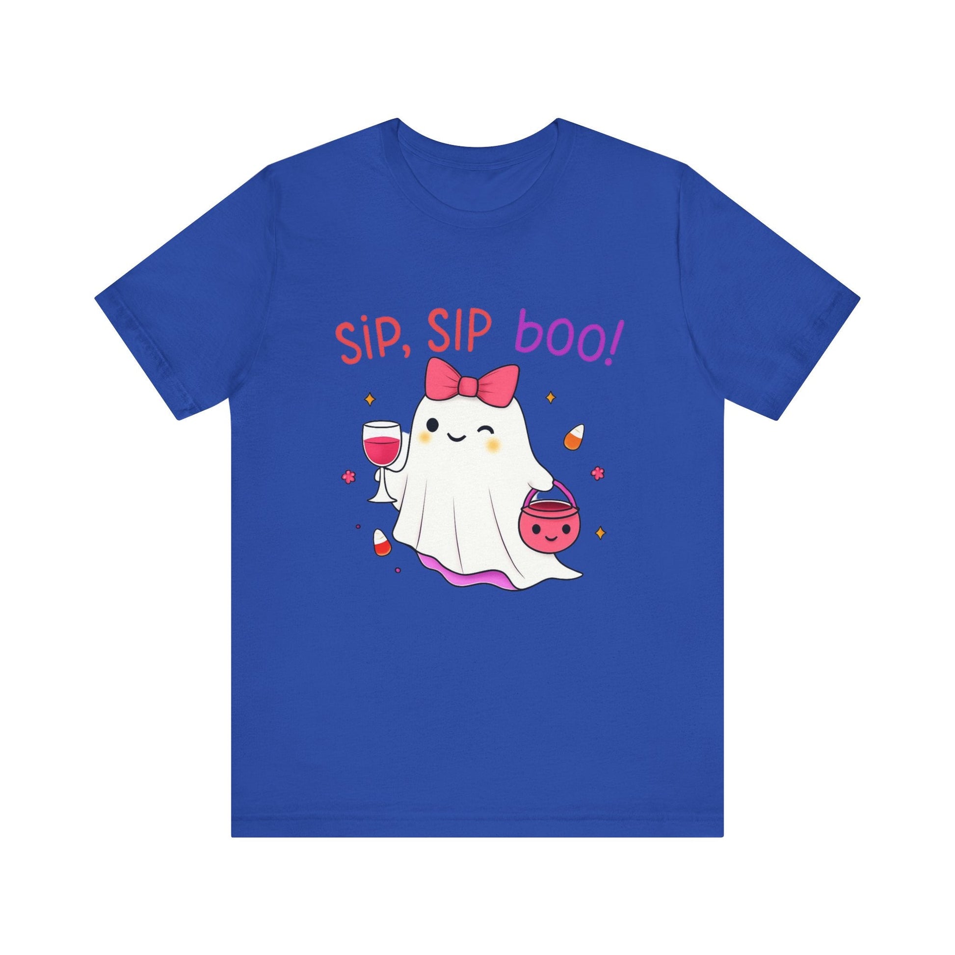 Halloween Cute Ghost T-Shirt with drink- Coquette bow, Sip Sip Boo Printify T-Shirt Nordic Seoul Designs LLC