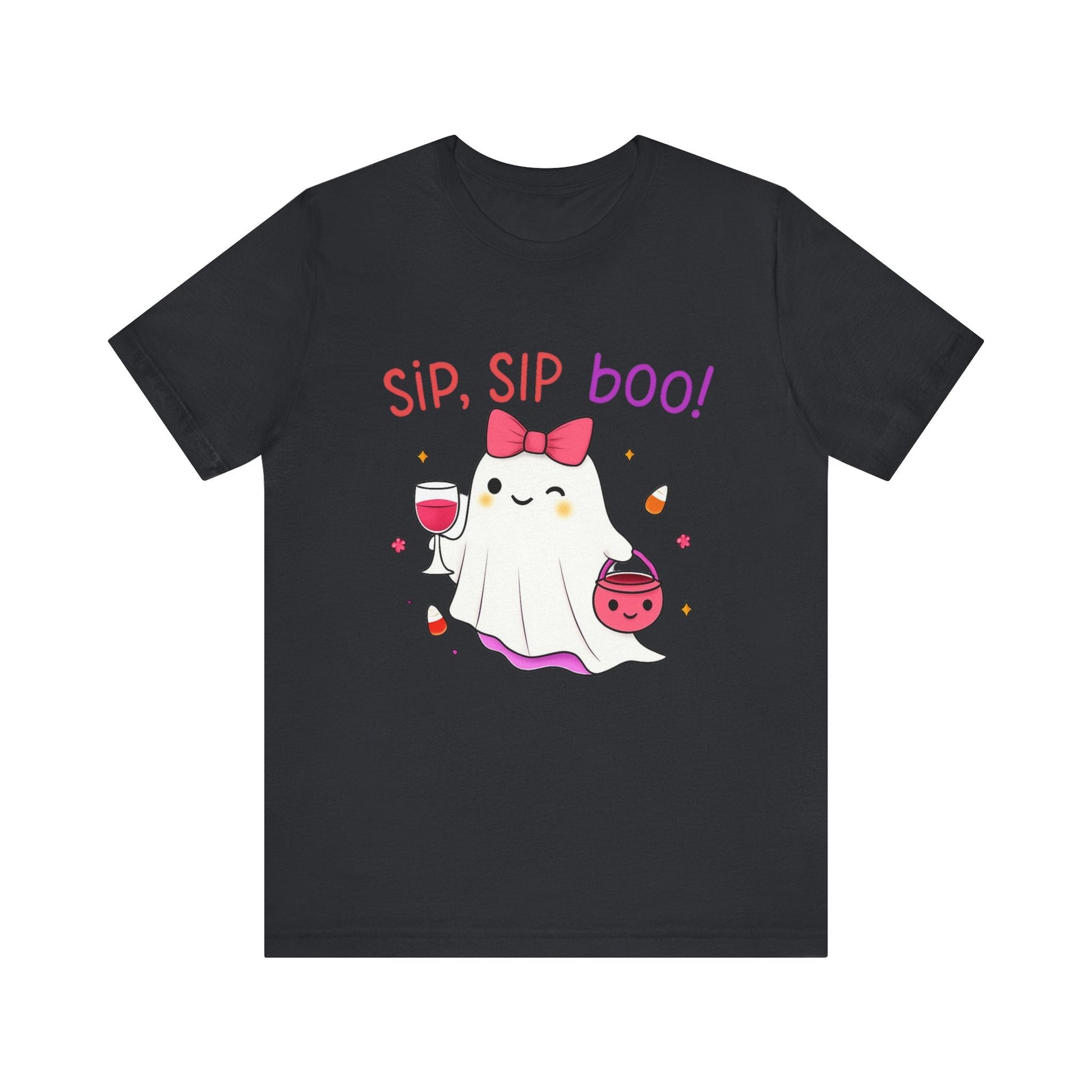 Halloween Cute Ghost T-Shirt with drink- Coquette bow, Sip Sip Boo Printify T-Shirt Nordic Seoul Designs LLC