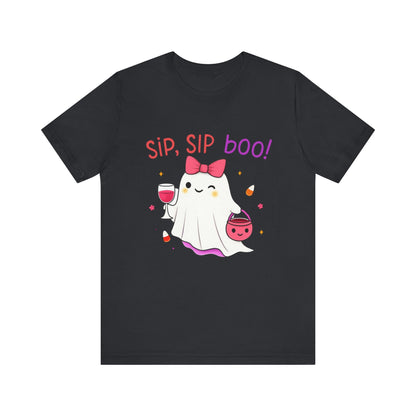 Halloween Cute Ghost T-Shirt with drink- Coquette bow, Sip Sip Boo Printify T-Shirt Nordic Seoul Designs LLC