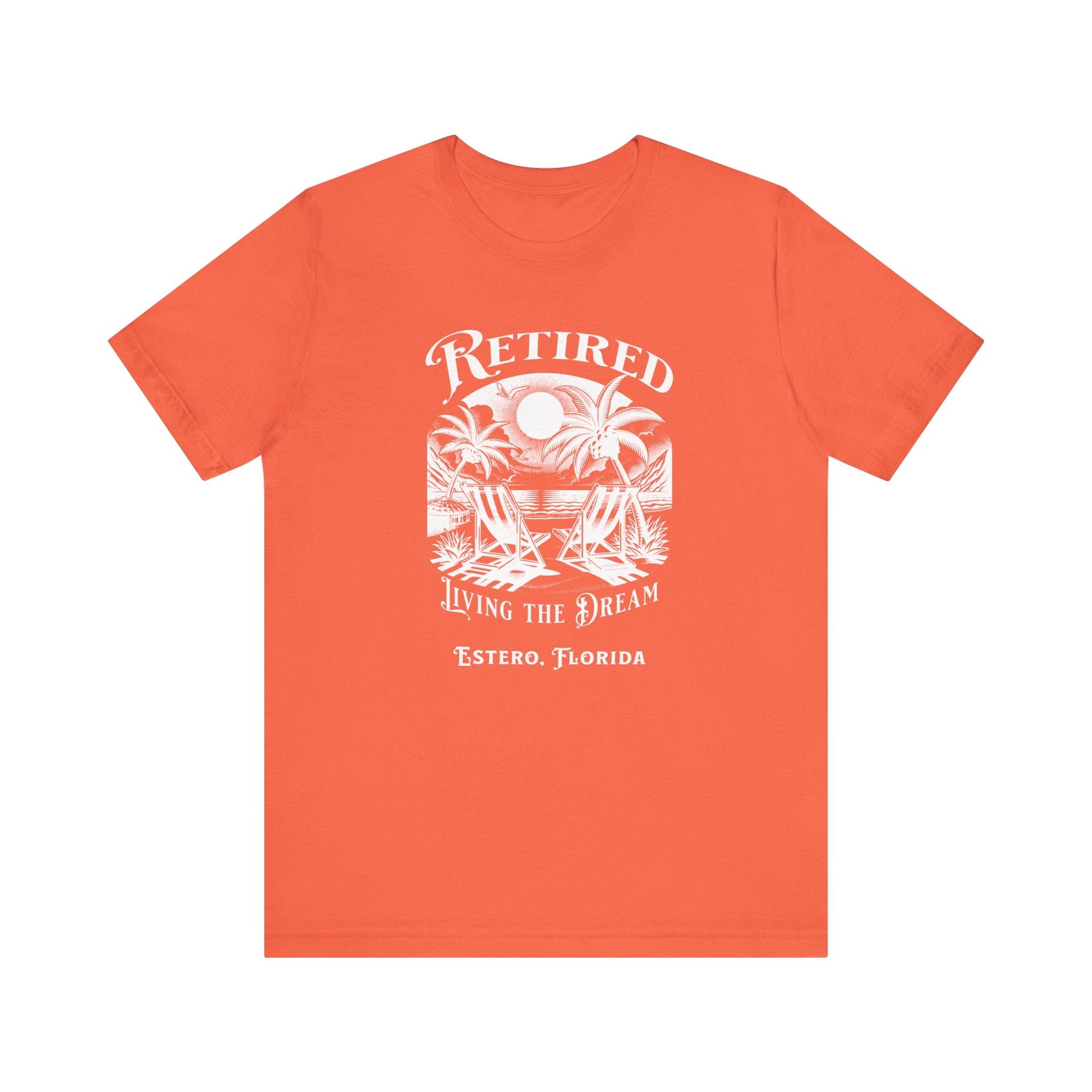 PERSONALIZED! Retired Living the Dream Unisex T-Shirt, Beach Scene, Palm Trees Printify T-Shirt Nordic Seoul Designs LLC
