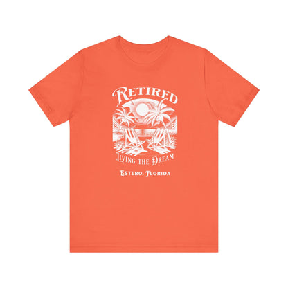 PERSONALIZED! Retired Living the Dream Unisex T-Shirt, Beach Scene, Palm Trees Printify T-Shirt Nordic Seoul Designs LLC