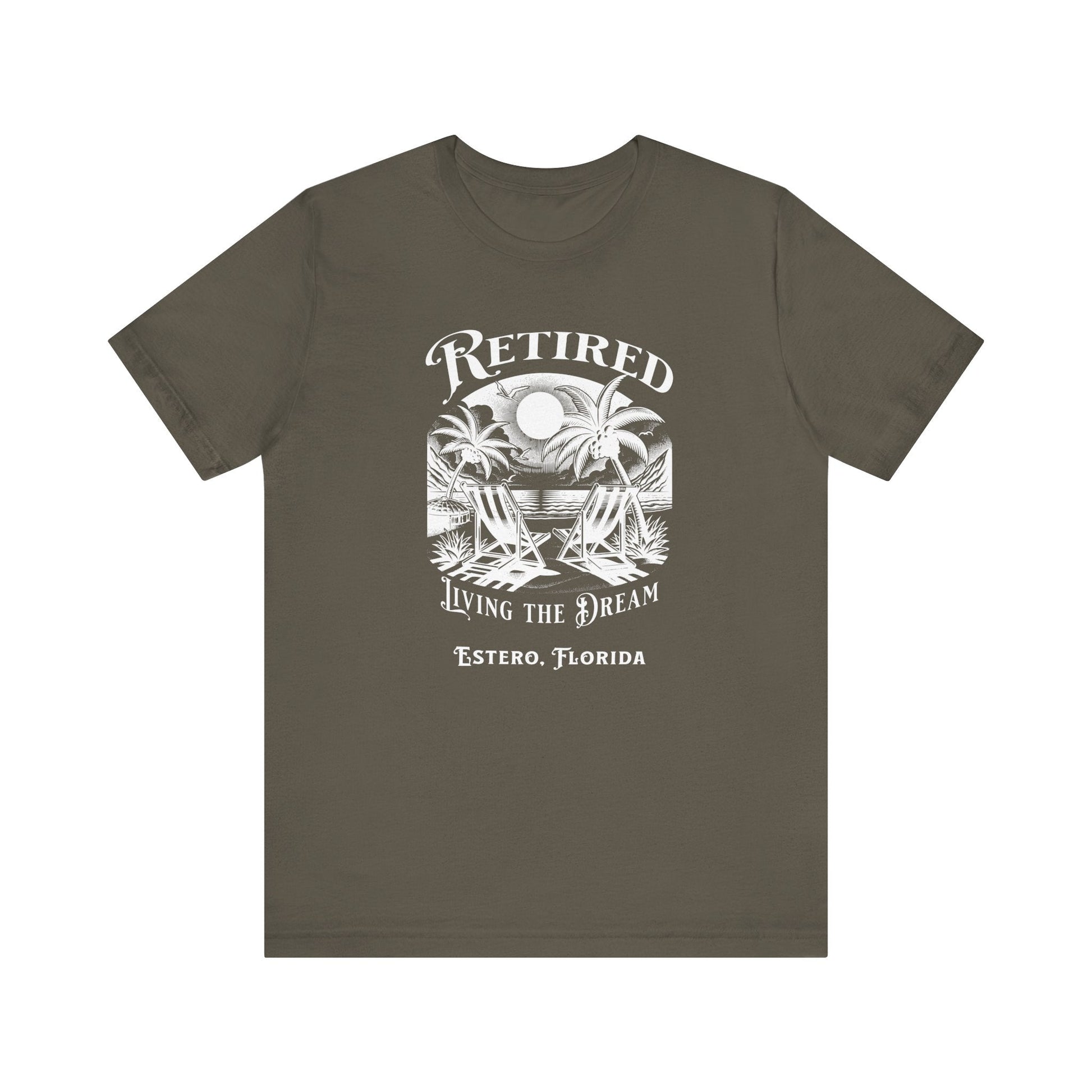 PERSONALIZED! Retired Living the Dream Unisex T-Shirt, Beach Scene, Palm Trees Printify T-Shirt Nordic Seoul Designs LLC