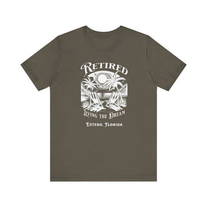 PERSONALIZED! Retired Living the Dream Unisex T-Shirt, Beach Scene, Palm Trees Printify T-Shirt Nordic Seoul Designs LLC
